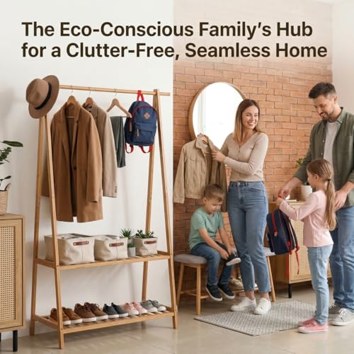 Finnhomy Bamboo Clothes Rack Portable Extra Large Garment Organizer with 2-Tier Shelves