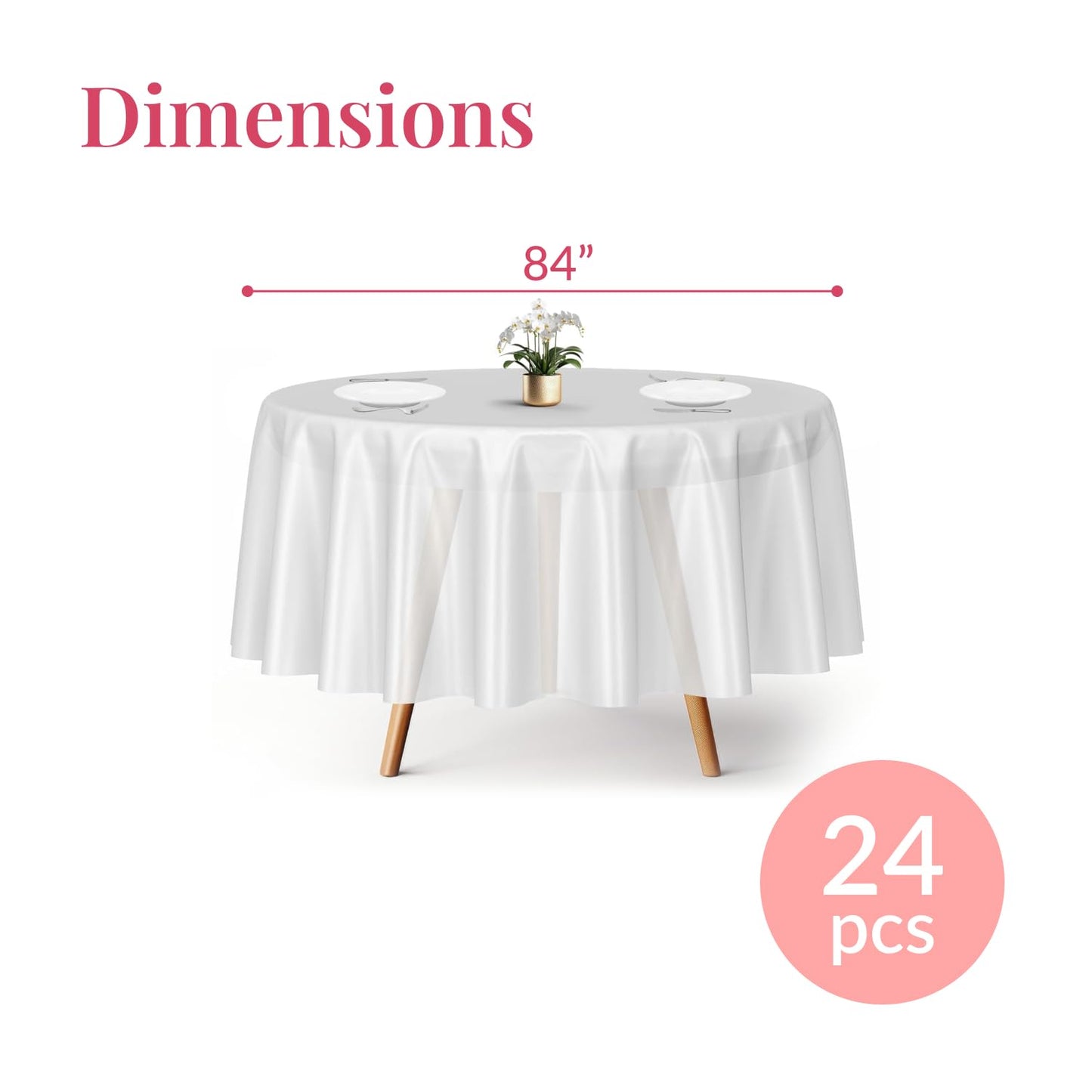 Prestee Plastic Round Tablecloths 84 Inches, 24 Pack White Disposable Table Cloths for Parties, Waterproof and Stain-Resistant Round Table Covers for Weddings, Holidays, Events, and Fine Dining