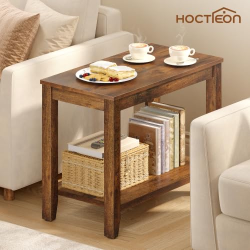 Rustic Brown 2-Tier End Table for Living Room - Sturdy Wooden Nightstand with 165 lbs Capacity - Compact Sofa Side Table for Small Spaces - Hoctieon 1 Pack