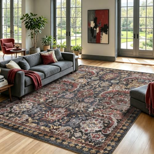 Washable Area Rug - Vintage Tribal Design, Non-Slip Water-Resistant, 6' x 9', Rust - Perfect for Living Room & Bedroom