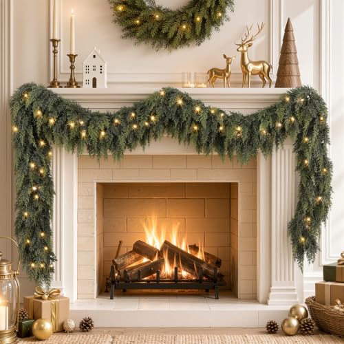 Shareconn 2-Pack 9FT Pre-Lit Cedar Christmas Garland with Lights, Mantel Decor