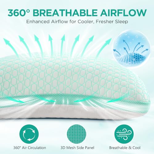 Baskbed Queen Cooling Side Sleeper Pillow 2 Pack - Green, Adjustable Neck & Shoulder Support