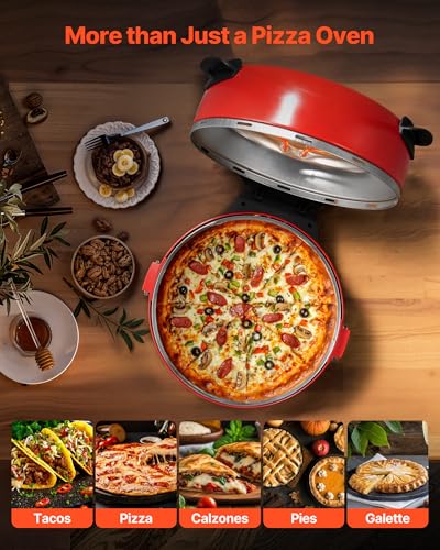 Red 14-Inch Electric Pizza Oven - Large Countertop Pizza Maker with 1600W & Adjustable Temperature