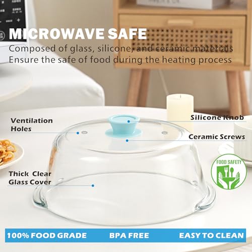 Tall Glass Microwave Splatter Cover with Blue Knob - 10 Inch Food Safe Lid