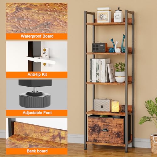 Furologee 5 Tier Bookshelf with Drawer, Tall Narrow Bookcase, Rustic