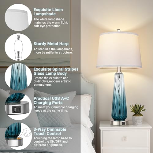 Teal Glass Table Lamps Set of 2 with Touch Control & USB Ports - Modern Nightstand Lamps for Bedroom & Living Room, 27.5 Inch