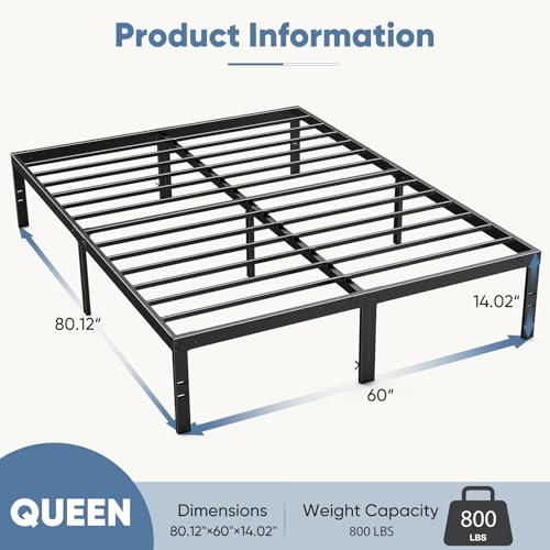 Queen Bed Frame 14 Inch Metal Slat Platform Bed Support up to 700 lbs Black