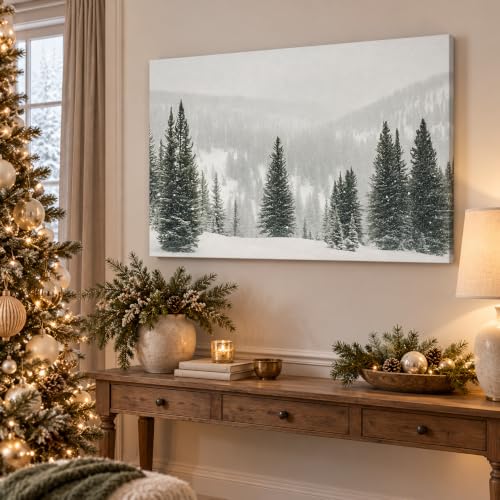 BYXOLARA Winter Scene Wall Art 24x36 Framed Canvas Print - Snow Forest Landscape, Pine Trees