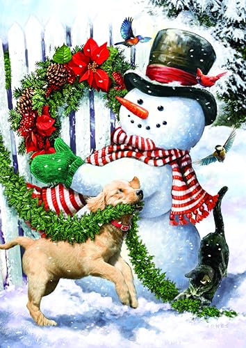 Performing Arts Snowman Christmas Card Set with Pets - Hanging Wreath Variation, 16 Die-Cut Holiday Cards with Envelopes, Soft Touch Finish, Made in USA