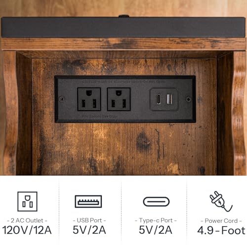 HOOBRO Rustic Brown & Black End Table with Charging Station, Flip Top Nightstand with USB & Outlets, Narrow Side Table for Small Spaces