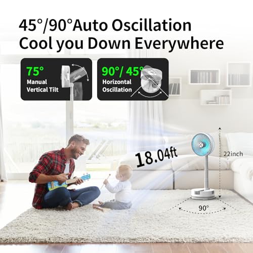 Socool 8-Inch Portable Foldable Fan with 20000mAh Battery, Remote, 8-Speed, Oscillating, White