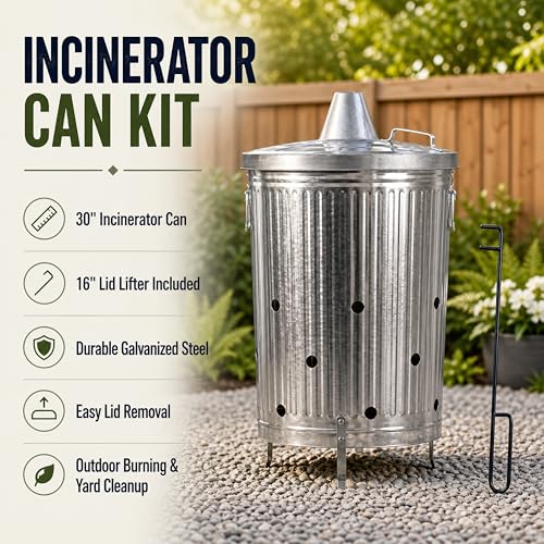 20-Gallon Galvanized Steel Incinerator Can with Lid and Ventilation Holes - Outdoor Yard Waste Burner