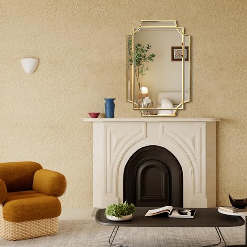 HQiJun 30x20 Inch Gold Wall Mirror with Wooden Frame — Beveled Irregular Rectangle Design for Bedroom & Living Room
