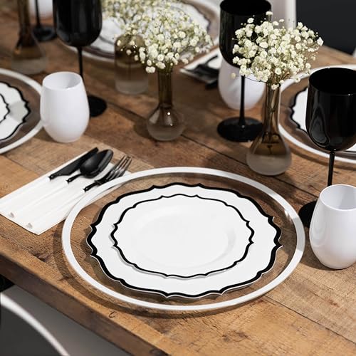 PLASTICPRO 128 Pack Disposable Plastic Plates Set - Elegant White & Black Contemporary Design, Includes 64 Dinner & 64 Salad Plates