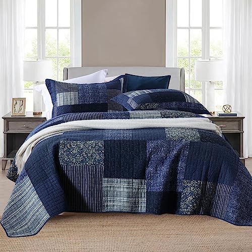 Queen Size Reversible Cotton Quilt Set with Pillow Shams - Azure Blue Variation