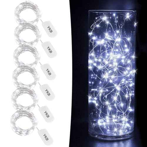 YKB 6 PCS LED Starry String Lights with 20 Mini LEDs on 3.3FT/1M Copper Wire, Fairy Lights Powered by 2xCR2032(Incl) Batteries, for Wedding Table Holiday Halloween Christmas Decorations, Cool White