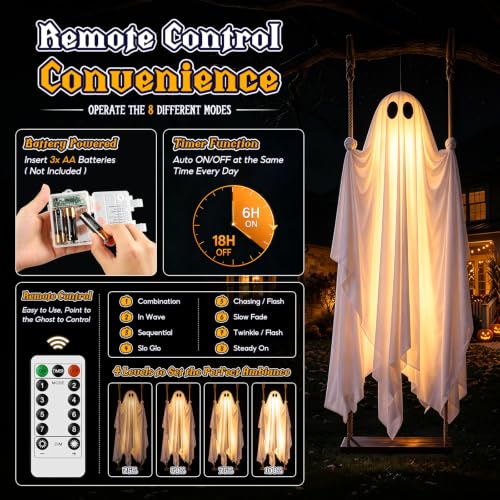 FlyQintess 4.3FT Hanging Ghost Halloween Decor with LED Lights, Outdoor Spooky Ghost for Yard & Porch