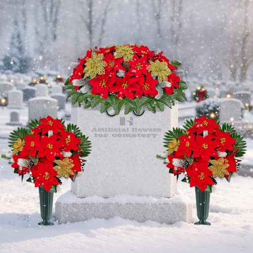 Red Poinsettia Cemetery Flowers 3-Piece Set for Grave Memorials