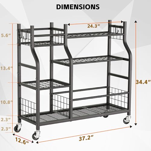 Black Garden Tool Organizer with Wheels - Multi-Tier Garage & Shed Storage, Side Hooks, 37.2 x 12.6 x 34.4 Inches