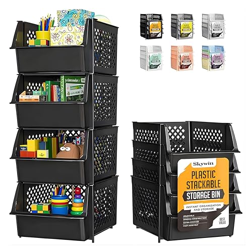 Skywin 4 Pack Stackable Open Front Pantry Storage Bins - Black