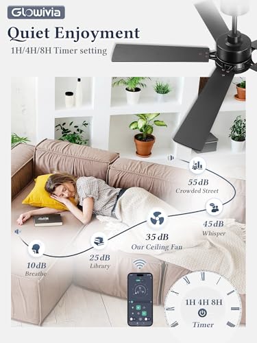 Glowivia 52 Inch Black Ceiling Fan with Lights, Remote & App Control, DC Motor