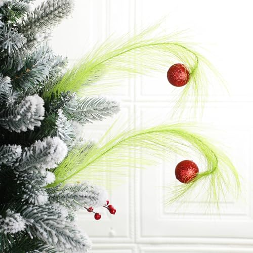 8 Pcs Christmas Tree Topper 17'' Lime Green Curly Tree Picks and Sprays with Red Ball Xmas Artificial Green Greenery Stems for Christmas Home Wreath Craft Vase Fillers Decoration Supplies