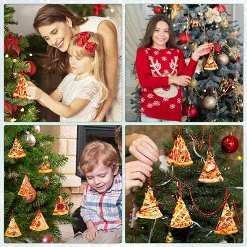 D4DREAM Pizza Christmas Ornament - 12Pcs Wooden Pizza Slice Food Ornaments for Christmas Tree Decorations Funny Food Xmas Gifts for Kids Women