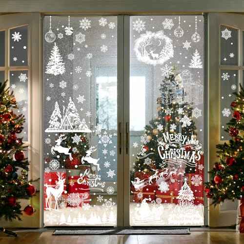 Amiya 216PCS Snowflake Christmas Window Clings White Xmas Window Stickers Santa Claus Reindeer Reusable Double Sided Holiday Window Decorations for Party Supplies