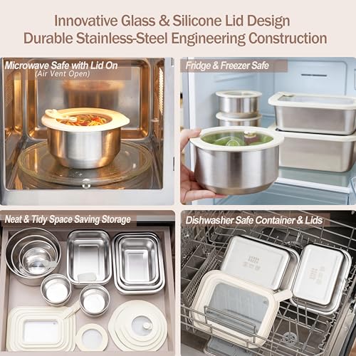 Urban Green 4-Pack Stainless Steel Food Containers with Glass Lids - Leakproof, Microwave Safe, BPA-Free, Silver-White Set