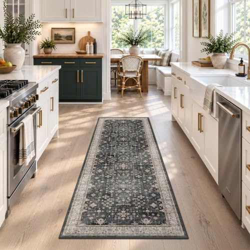 2'6 x 8' Dark Washable Hallway Runner Rug - Ashen Multi Vintage Boho Non-Slip