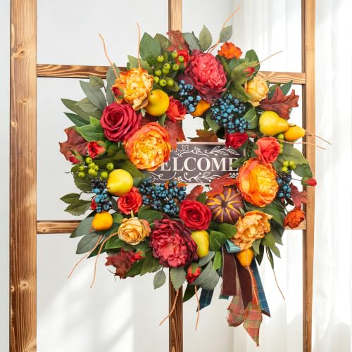 Autumn Wreath for Front Door 24 Inch Harvest Fall Decor - Orange, Red, Gold - Rustic Welcome Sign