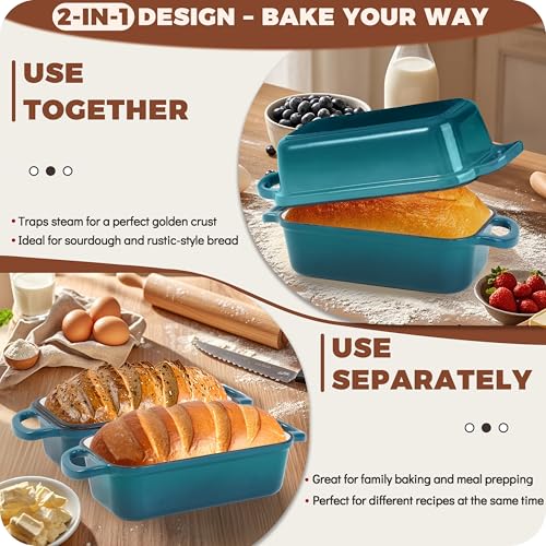 Teal Cast Iron Loaf Pan with Lid 9x5 Inch Bread Baking Pan - Articasting