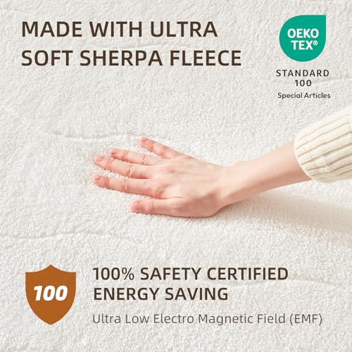 Bwarm White Queen Multi-Zone Sherpa Fleece Heated Mattress Pad with Dual Controls
