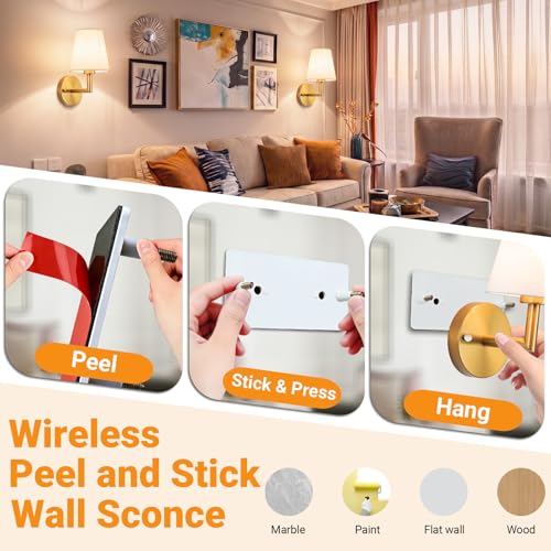 Brass 13-Inch Battery Operated Wall Sconce Set of 2 - Peel & Stick, Rechargeable RGB Dimmable Lights
