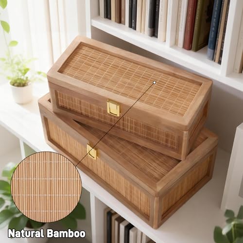 Light Brown Bamboo Decorative Box Set with Lids - 2 Pieces Boho Keepsake Storage