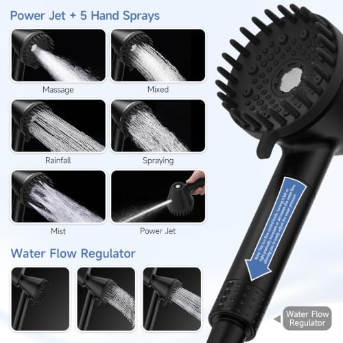 Black Filtered Handheld Shower Head with High Pressure Rainfall & 6 Spray Modes