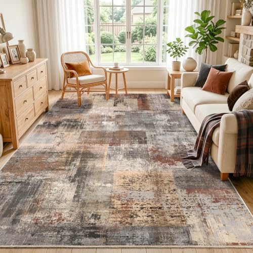 8x10ft Brown Abstract Area Rug - Non-Slip Low Pile Carpet for Living Room