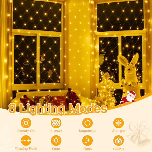 Ollny 210 LED Clear Wire Net Lights 10x7ft Outdoor Christmas Mesh Lights, 8 Modes