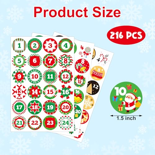 288 Pcs Christmas Advent Stickers 1-24 Number Stickers Christmas Countdown Labels DIY Advent Calendar Labels for Gift Boxes Craft Xmas Party Supplies
