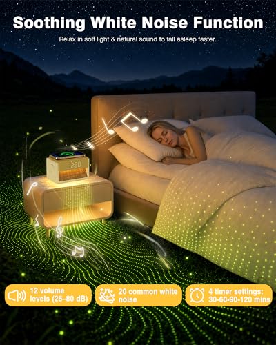 White Wood Sunrise Alarm Clock with Sound Machine & Wireless Charger - Bokefo