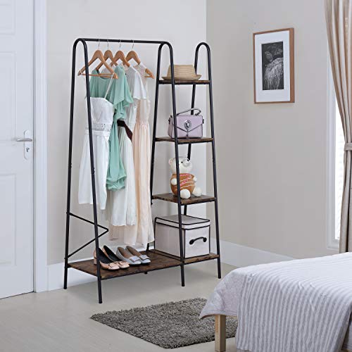 Finnhomy Heavy Duty Rustic Clothes Rack with 5 Wood Shelves - Black, 1 Rod