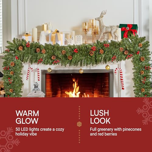 Joiedomi 9 ft Prelit Red Berries Pine Garland with 50 Warm White Lights - Christmas Greenery