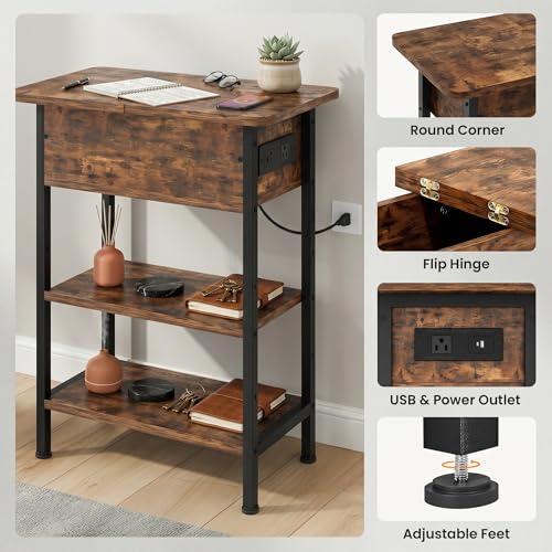 GRUSIGN Rustic Brown End Table with Charging Station, Flip Top Drawer & Storage