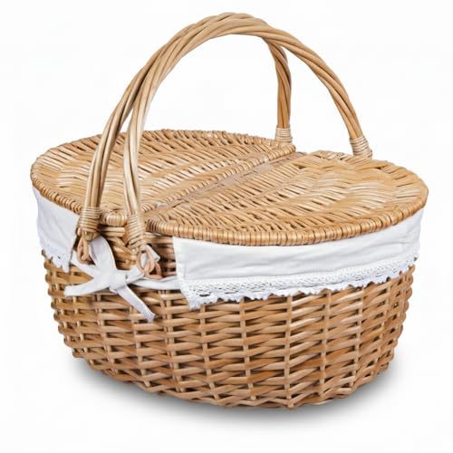 Wicker Picnic Basket with Lid and Handle - 15 Inch Solid Woven Body for Outdoor Camping & Easter