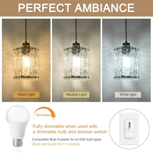 Black Pendant Lights Kitchen Island 2-Pack Water Ripple Glass Fixtures Modern Adjustable Hanging Lighting for Dining Room & Entryway
