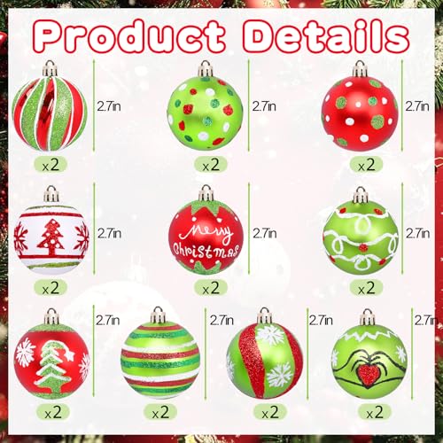 20 Pcs Christmas Ball Ornaments 2.4 Inch Green and Red Glittering