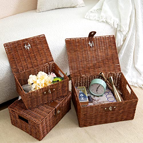Natural Woven Wicker Storage Basket Set with Lids Handles - Nursery & Home Organizer