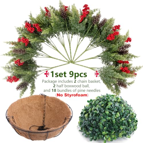 Daynight Artificial Christmas Cedar Pine Hanging Baskets Set with Red Berries & Pinecones - Outdoor Holiday Decor