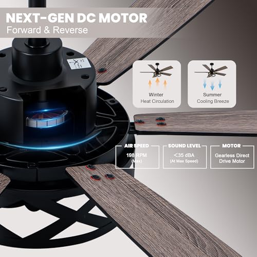 52 Inch Black Farmhouse Ceiling Fan with Lights & Remote - Whisper-Quiet DC Motor