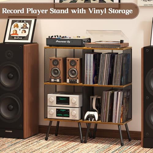 Brown 3-Tier Vinyl Record Stand with Storage and Adjustable Divider - 11.8"D x 15.7"W x 35.8"H